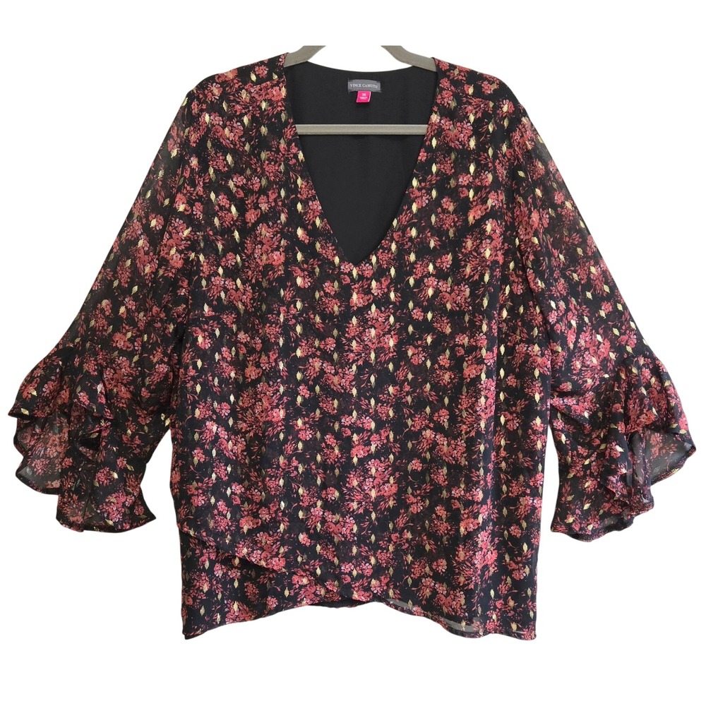 Vince Camuto Red Floral Gold Foil Clip Dot Ruffle Bell Sleeve V-Neck Blouse 3X